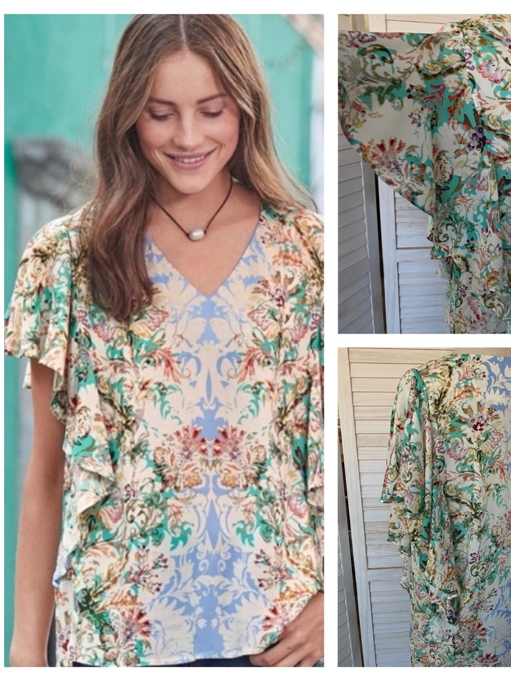 Sundance Arabella Floral V‑Neck Butterfly Ruffle Sleeve Top  S  NWT CottageCore